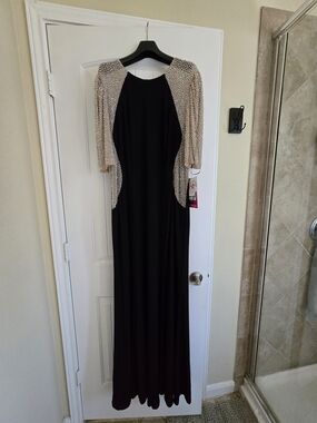 Xscape Black Gown with Nude Beaded Sleeves